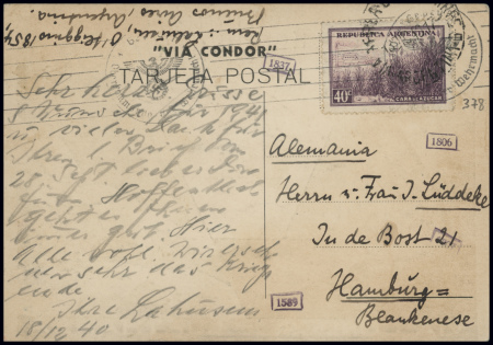 CP nouvel an "Via Condor Lufthansa" avec hydravion trimoteur au-dessus de la baie de Rio et paysage enneigé AFF Argentine n°378 obl Buenos Aires pour Hambourg (1940). TB