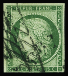 N°2 15c vert, obl. grille sans fin, une marge touchée.
