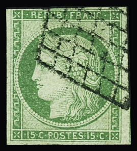 N°2 15c vert, obl. grille, une marge touchée. Signé