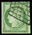 N°2 15c vert, obl. grille, une marge touchée. Signé