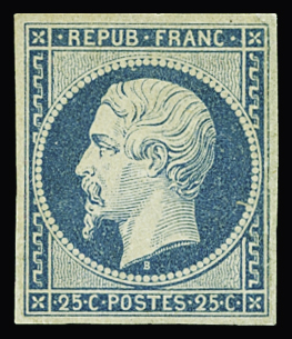 N°10 25c bleu, neuf sans gomme, réparé sinon TB d'aspect.