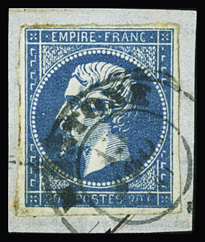 France n°14A 20c bleu, obl. CaD Sarde Mentone sur fragment,