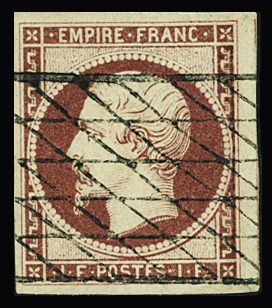 N°18 1f carmin, obl. grille sans fin, voisin à droite,