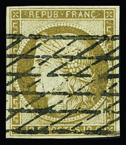 N°1 10c bistre-jaune, obl. grille sans fin, TB. Signé