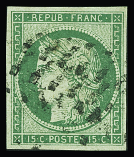 N°2 15 vert, obl. gros points, TB. Signé Scheller