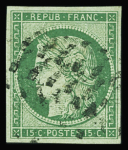 N°2 15 vert, obl. gros points, TB. Signé Scheller