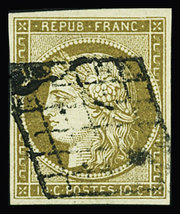 N°1 10c bistre-jaune, obl. grille, TB. Signé Scheller