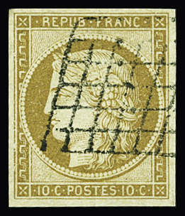 N°1 10c bistre-jaune, obl. grille, TB. Signé Scheller