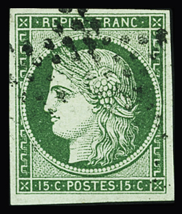 N°2 15c vert, obl. étoile, TB. Signé Scheller