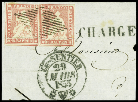 15Rp. rosa, zwei Einzelstücke auf Briefteil entwertet