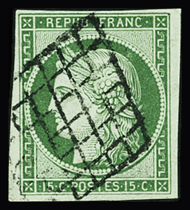 N°2 15c vert, obl. grille, TB. Signature + certificat