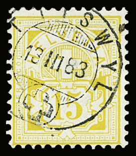 1882 15C gelb, weisses Papier sauber gestempelt ETTISWYL