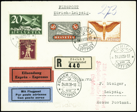 1928 (25. Aug.) Zürich-Leipzig, Flugpostmarken 20C,