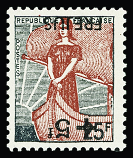 N°1229b +5f sur 25c Frejus, variété surcharge renversée,