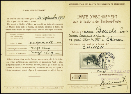 Carte d'abonnement n°1 AFF n°525, 50F Pétain noir 