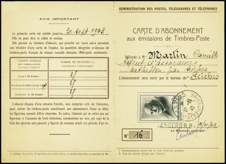 Carte d'abonnement n°1 AFF n°525, 50F noir obl Ang