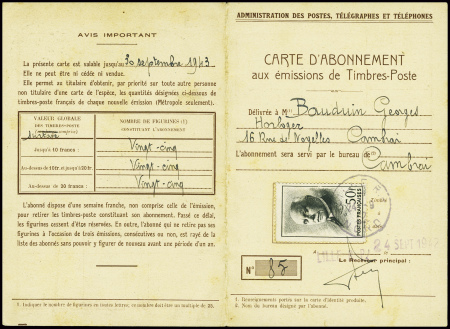 N°525 obl Lille RP (1942) sur carte d'abonnement n