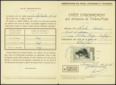 n°525 obl Rouen RP (1943) sur carte d'abonnement d