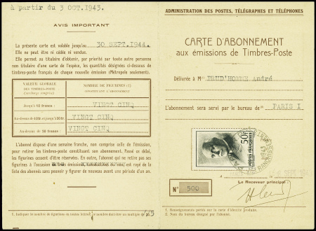 N°525 obl Paris RP AFF (1943) sur carte d'abonneme