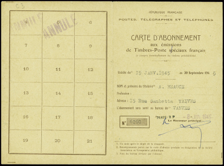 N°611 en paire obl Paris RP (1945) sur carte d'abo