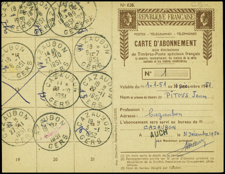 PA n°27 obl Auch Gers (31.12.1950) sur carte d'abo