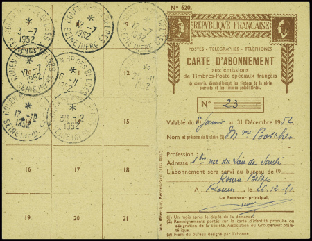 PA n°27 obl Rouen RP (1951) sur carte d'abonnement