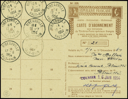 PA n°27 obl Colmar RP (1954) sur carte d'abonnemen