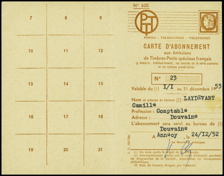 PA n°27 obl Annecy RP (1952) sur carte d'abonnemen