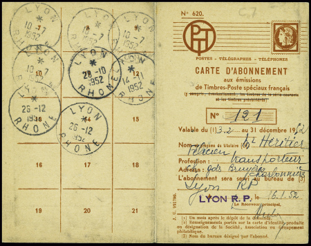 PA n°27 obl Lyon (1952) sur carte d'abonnement n°7
