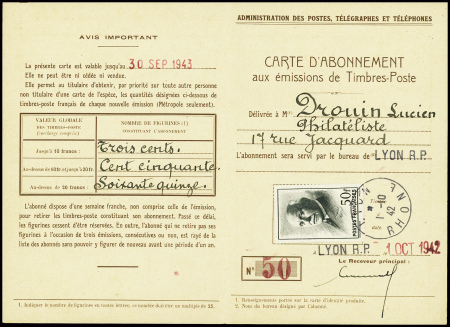 N°525 50F noir obl Lyon (1942) sur carte d'abonnem