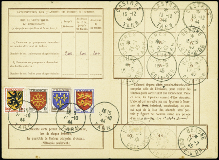 N°602 à 605, blasons, obl Lyon (23.10.44) sur cart