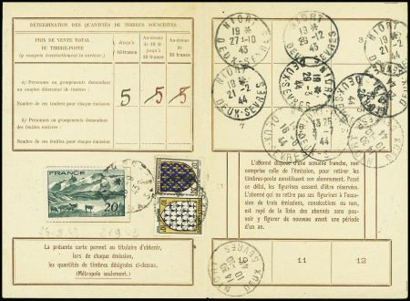 N°573 + 575 + 582 obl Niort RP (1943) sur carte d'