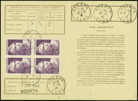 N°731 25F Gandon violet en bloc de 4 obl Evreux RP