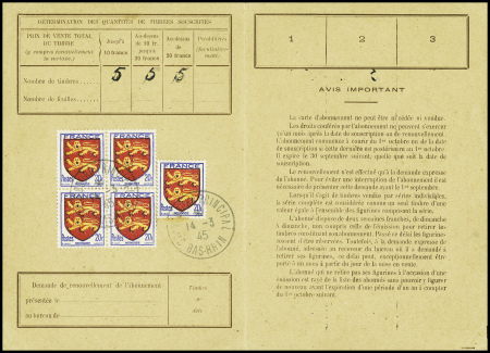 N°605 20F blason de Normandie, bloc de 4 + 1 pièce
