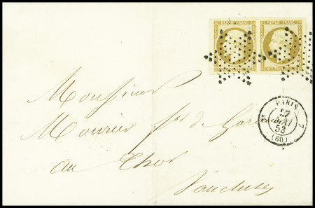 N°9 10c bistre en paire, grandes marges obl étoile