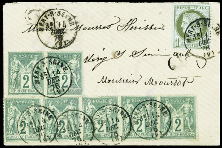 N°50 + 74, 2c sage vert, bande de 4 + paire obl T1