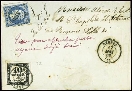 N°14 obl PC 3130 sur lettre avec taxe n°2 obl T15
