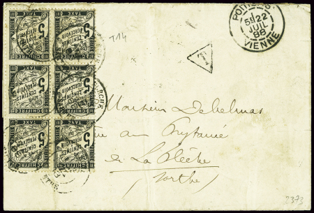 N°14 5c noir, bloc de 6, obl La Flèche Sarthe (188