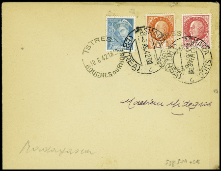 N°516 + 521 + 538 obl Istres (10.6.42) sur env tém