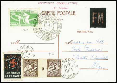 Entier CP 1F20 Pétain avec figurine surchargée"FM"