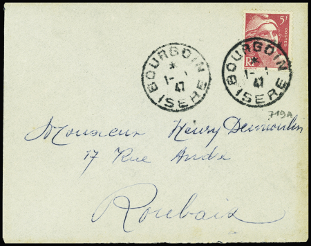N°719A 5F Gandon rose obl Bourgoin Isère sur lettr