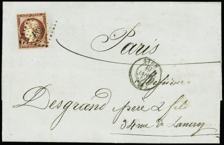 N°6 1f carmin, obl PC 1818 + T15 Lyon (1853) sur lettre.