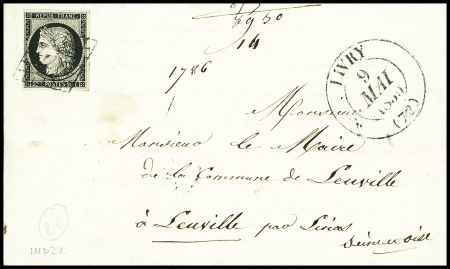 N°3 20c noir, obl grille + T13 "Livry (72) (1850)