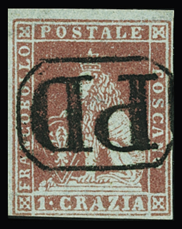 1857 1cr. carmine, wmk wavy lines, top marginal example