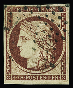 N°6 1f carmin, obl., restauré, TB d'aspect (Y&T 1000€)