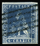 1857 6cr. Blue, wmk wavy lines, top marginal example