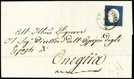 1854 20c. Blue, large margins, tied by S.PIER D'ARENA