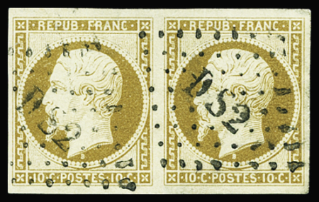 N°9 10c bistre-jaune ne paire obl. DS2, belles marges,