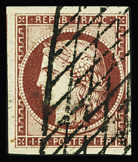 N°6 1f carmin, voisin à gauche, obl. grille sans fin,