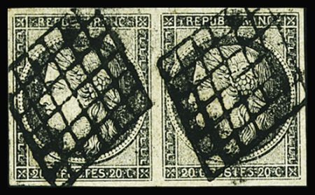N°3c 20c gris-noir en paire obl. grille, TTB. Signé